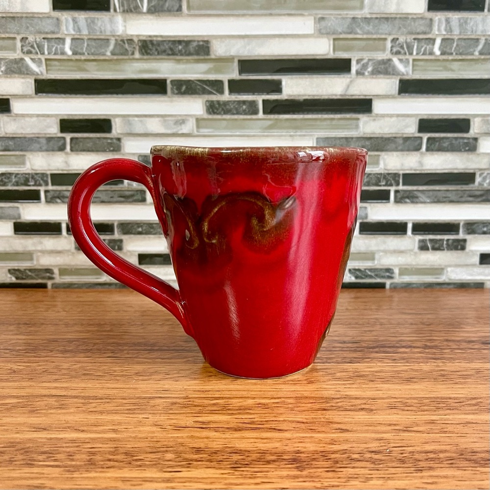 Pier 1 Imports "Vania" Deep Red and Brown Embossed Scroll Mug ~ 16 Oz.